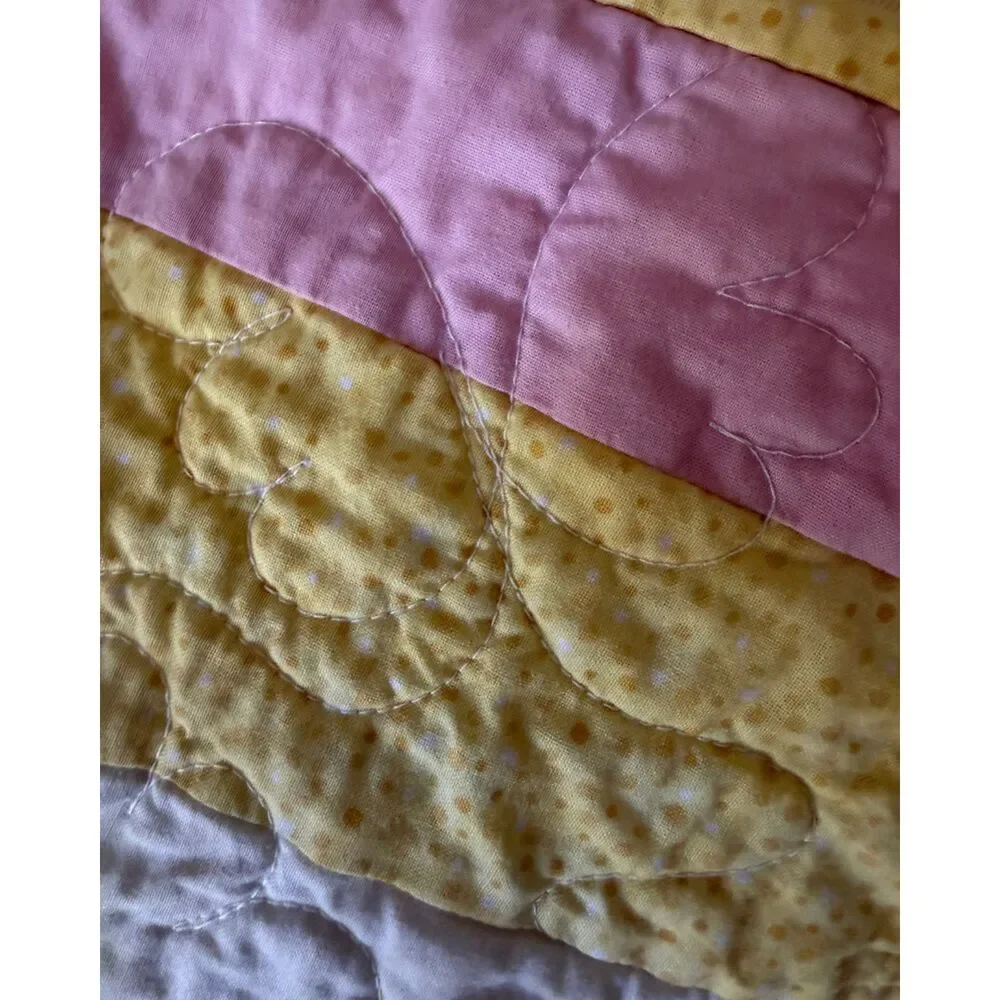 Blue Yellow Pink Baby Hand Sewn Machine Quilted Blanket 35.5x38.5 Butterfly